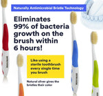 Graphic showing Mouthwatchers toothbrushes with text about antimicrobial bristle technology 