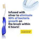 Graphic showing Mouthwatchers travel toothbrush qualities 