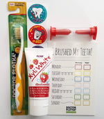 pack of mouthwatchers products including toothbrushes , tooth paste and a sticker calendar 