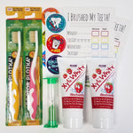 Mouthwatchers toothbrushes, toothpaste, a timer, checkboards for tracking brushing habits, and a pack of stickers.