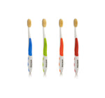 Four mouthwatchers  toothbrushes with different colored handles (blue, green, and orange) 